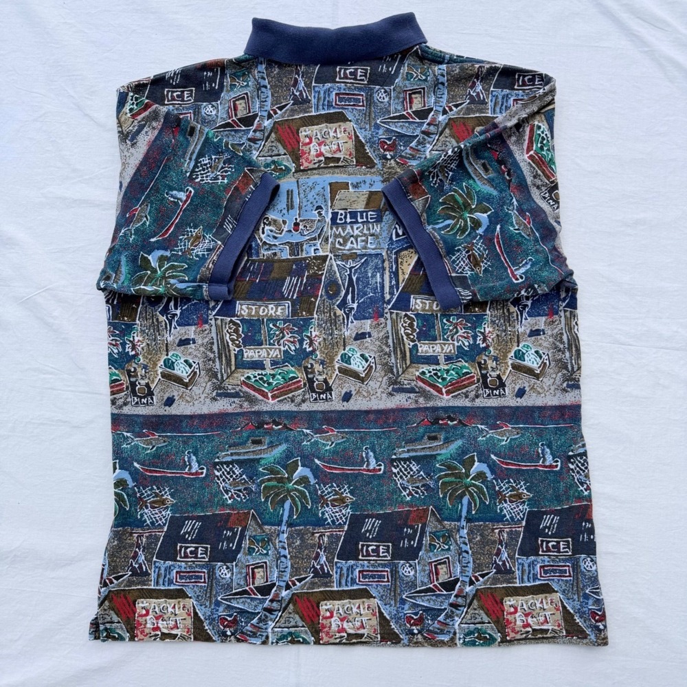 Vintage 90s Kahala Hawaiian Polo Shirt Mens Large Blue Marlin Cafe AOP - Picture 2 of 6
